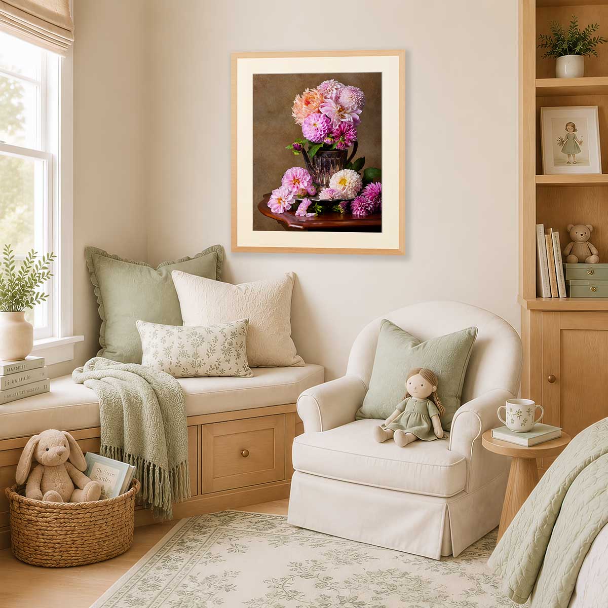 Dahlia Tea Party Wall Art Print with pink flower teapot arrangement in a framed scene on a living room wall