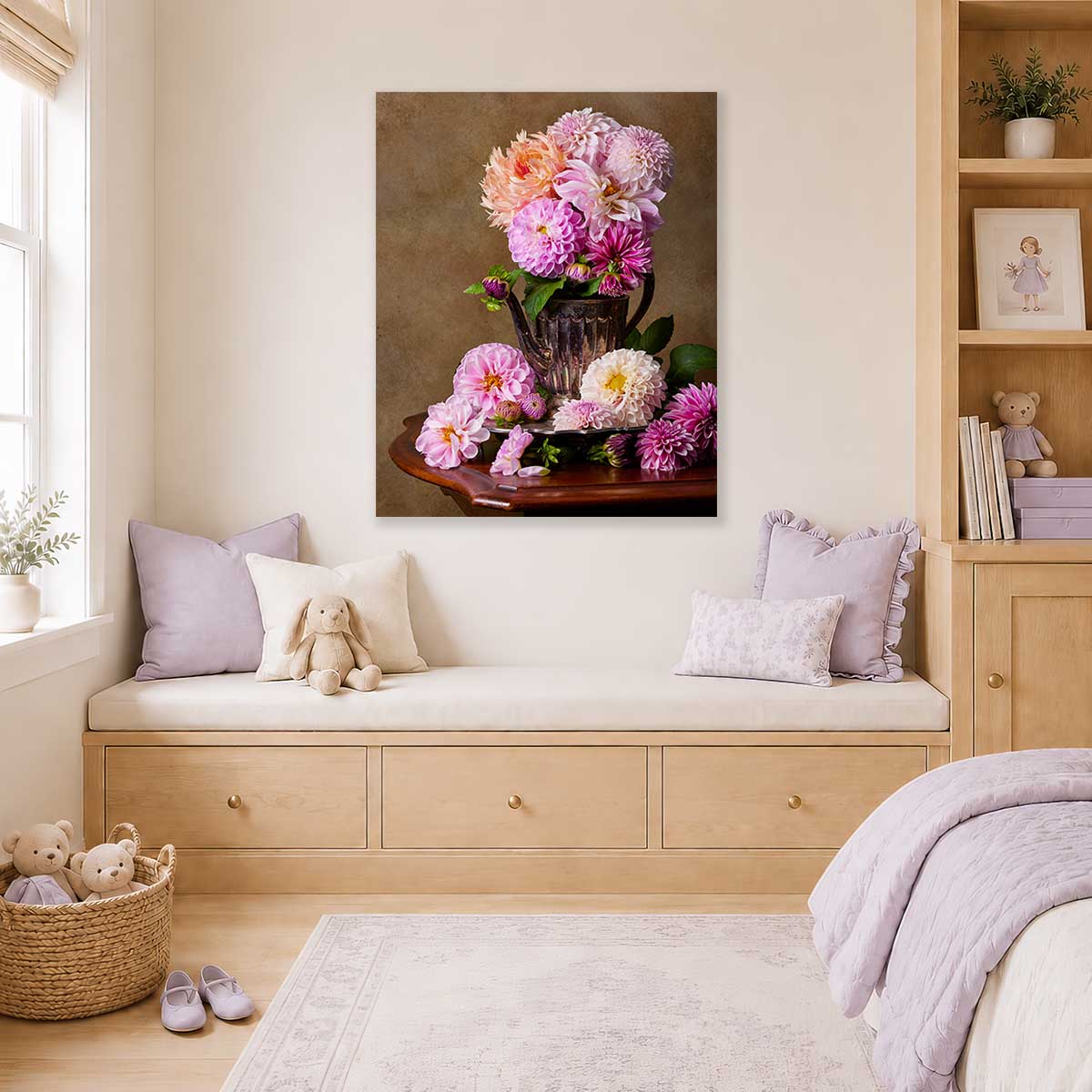 Dahlia Tea Party wall art canvas print with pink and purple dahlias on a beige background
