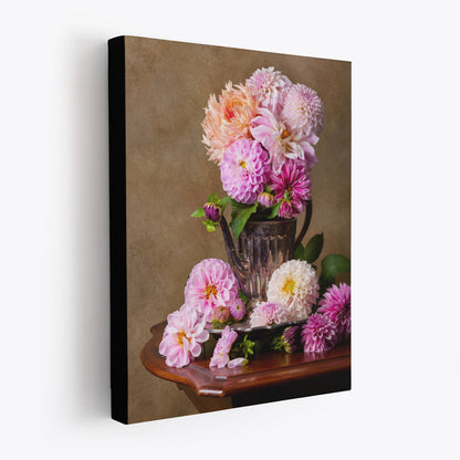 Side view of the Dahlia Tea Party canvas wall art showcasing pastel dahlias in an antique silver teapot, with a 1.5-inch black edge, producing a floating effect.