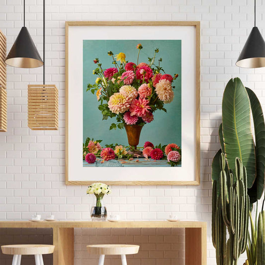Summer's Farewell Dahlia wall art print with framed floral bouquet in pink and yellow flowers on teal
