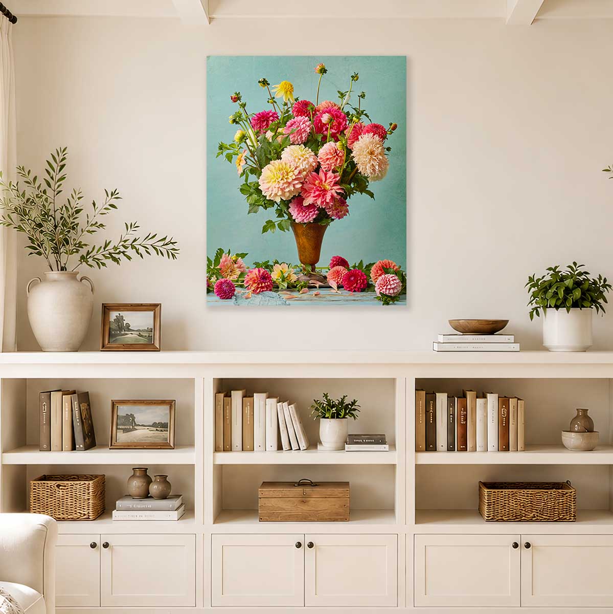 Summer's Farewell Dahlia Wall Art Canvas with gold accents, vertical floral bouquet on a teal background