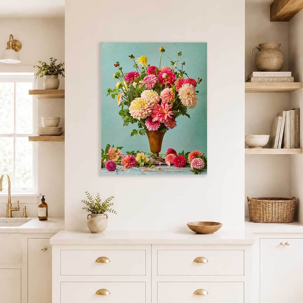 Summer's Farewell Dahlia Wall Art Canvas with vertical framed floral bouquet in pink and gold tones