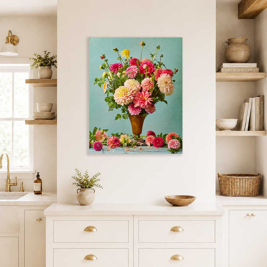 Summer's Farewell Dahlia Wall Art Canvas with vertical framed floral bouquet in pink and gold tones