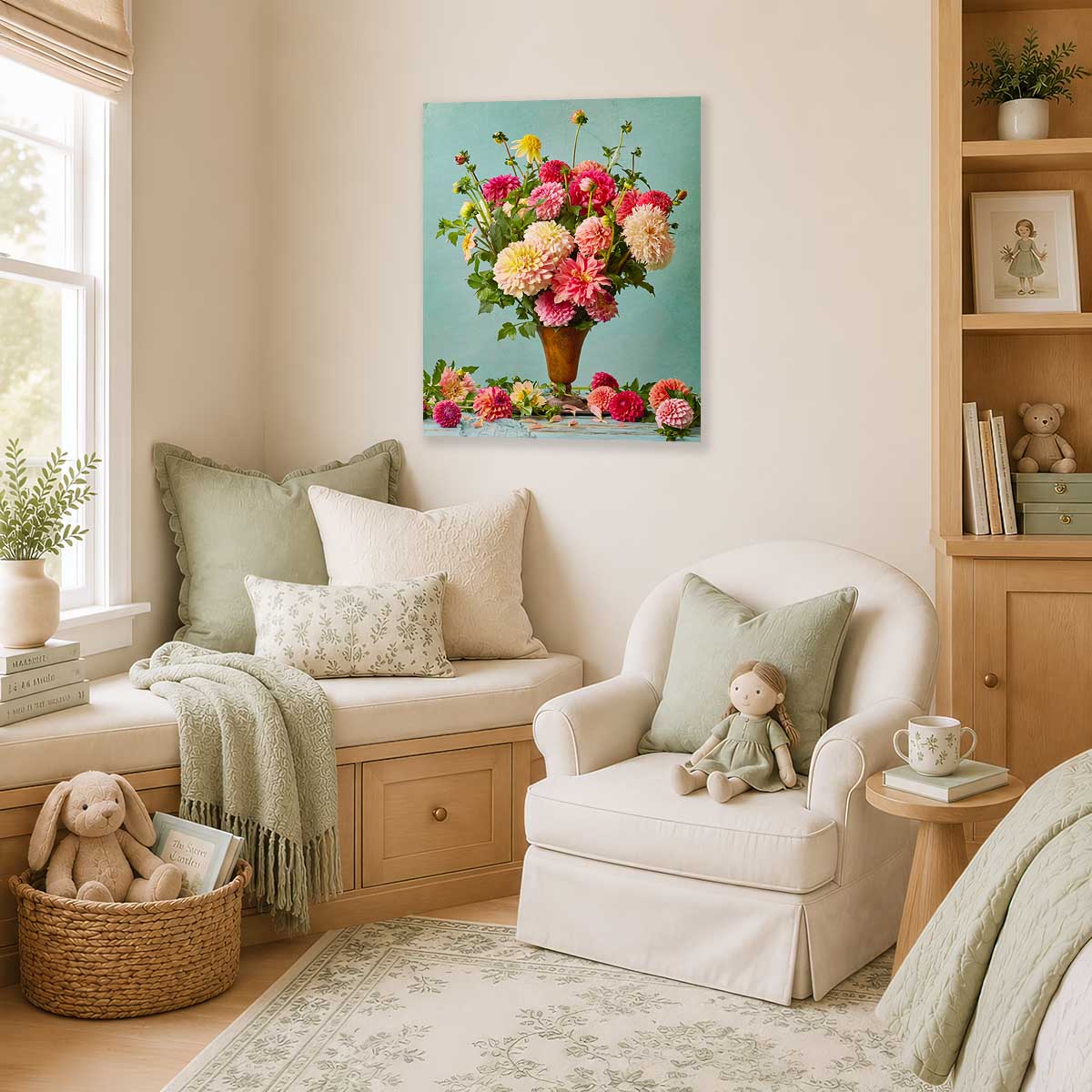 Summer's Farewell Dahlia Wall Art Canvas with bright pink and yellow flowers in a vase on a teal background