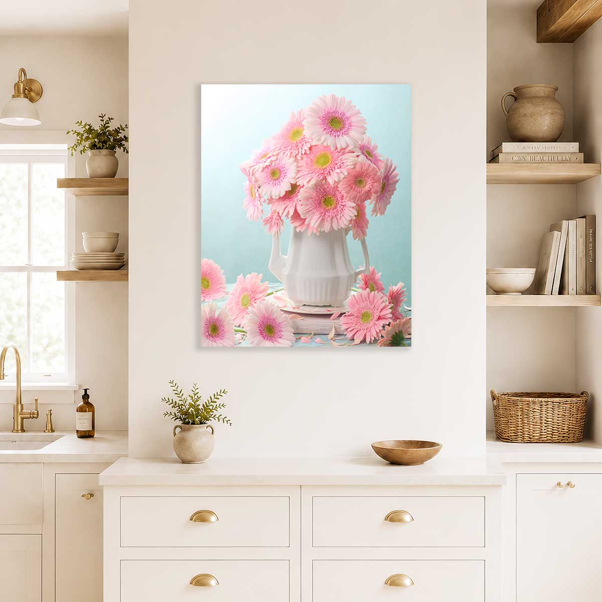 Pink Sunshine Gerbera Daisy Art Canvas wall art with pink flowers in a white vase on a light blue background