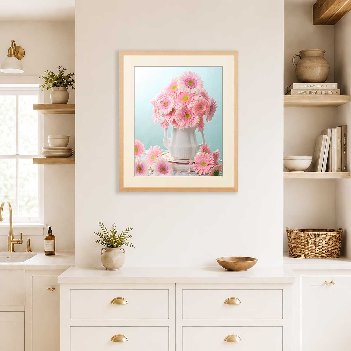 Pink Sunshine Gerbera Daisy Art Print wall art with pink flowers in a white vase on a framed print