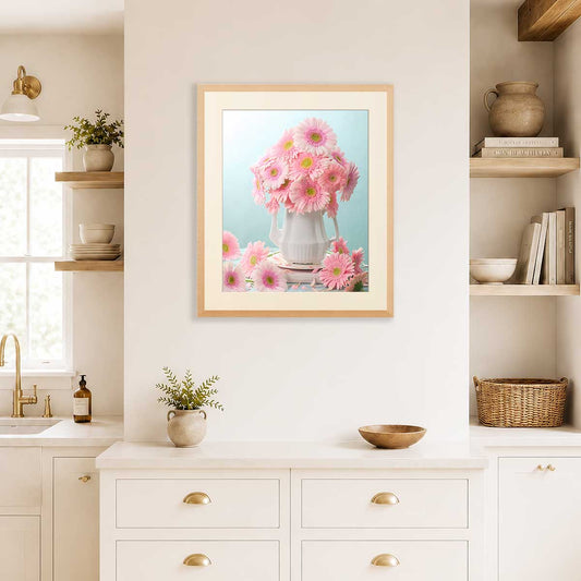 Pink Sunshine Gerbera Daisy Art Print wall art with pink flowers in a white vase on a framed print