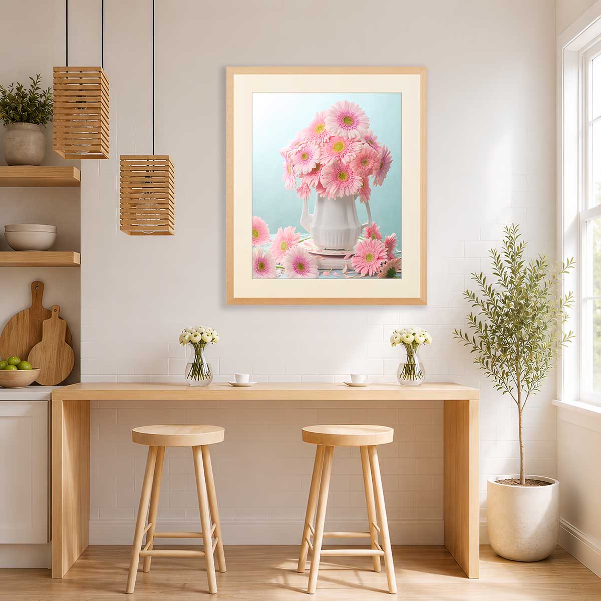 Pink Sunshine Gerbera Daisy Art Print wall art with pink flowers in a light wood frame in a kitchen