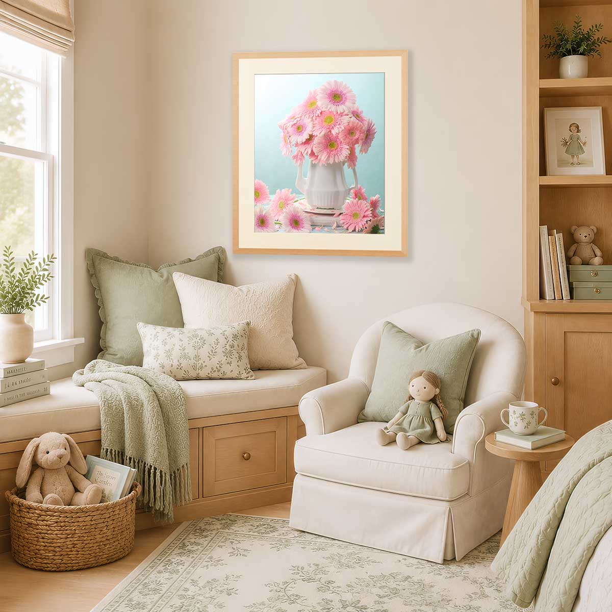 Pink Sunshine Gerbera Daisy Art Print wall art with pink flowers in a framed print above a sofa