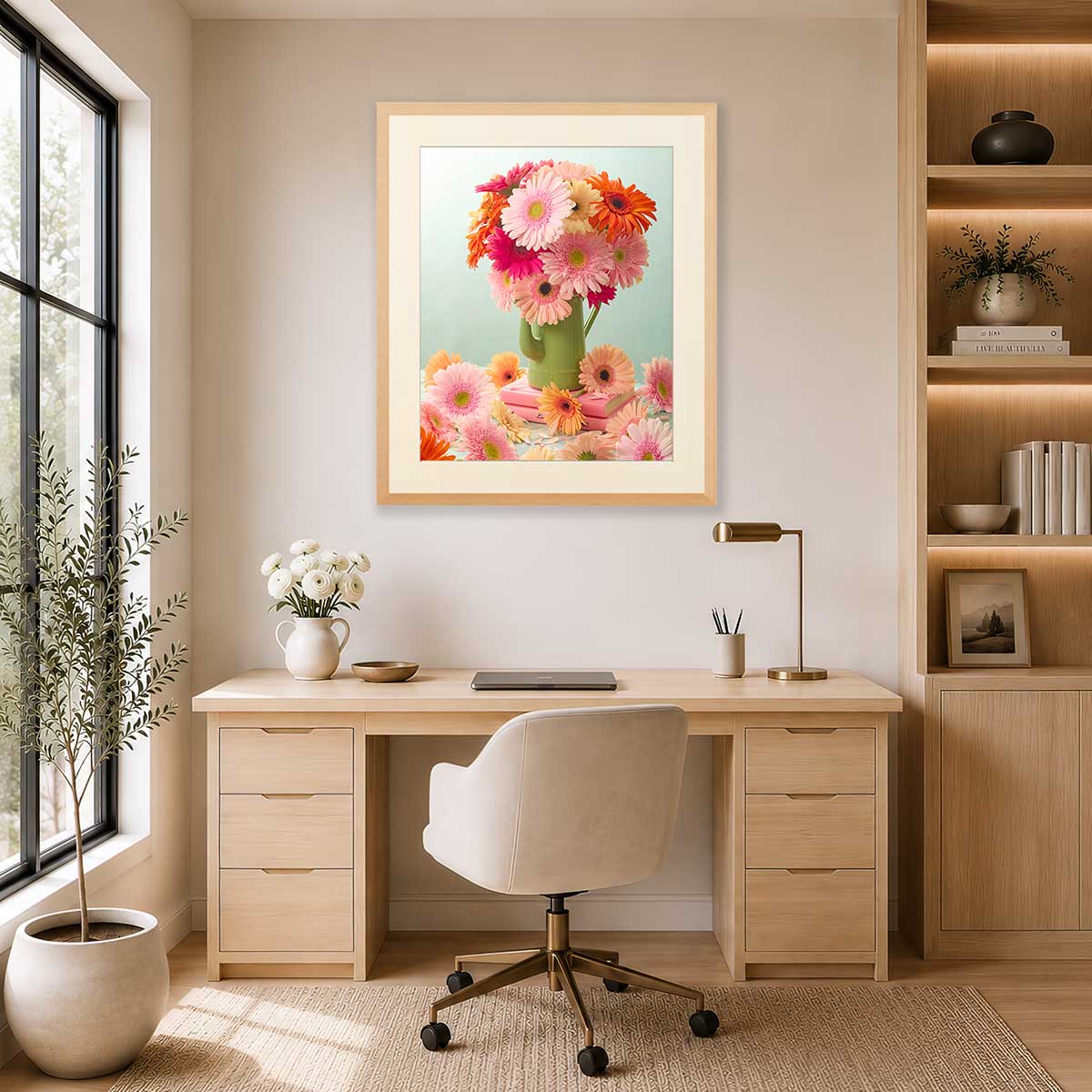 Daisy Daydreams Art Print wall art with a gold framed look, featuring pink and orange gerbera flowers