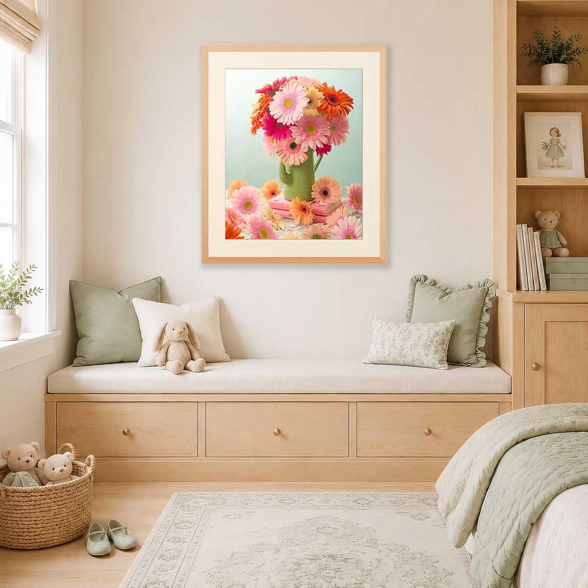 Daisy Daydreams Art Print wall art in a light wood frame with a bouquet of pink and orange daisies