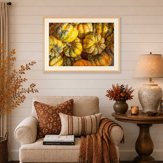 Carnival Colors Pumpkin Wall Art Print wall art with framed orange and yellow pumpkins on beige siding