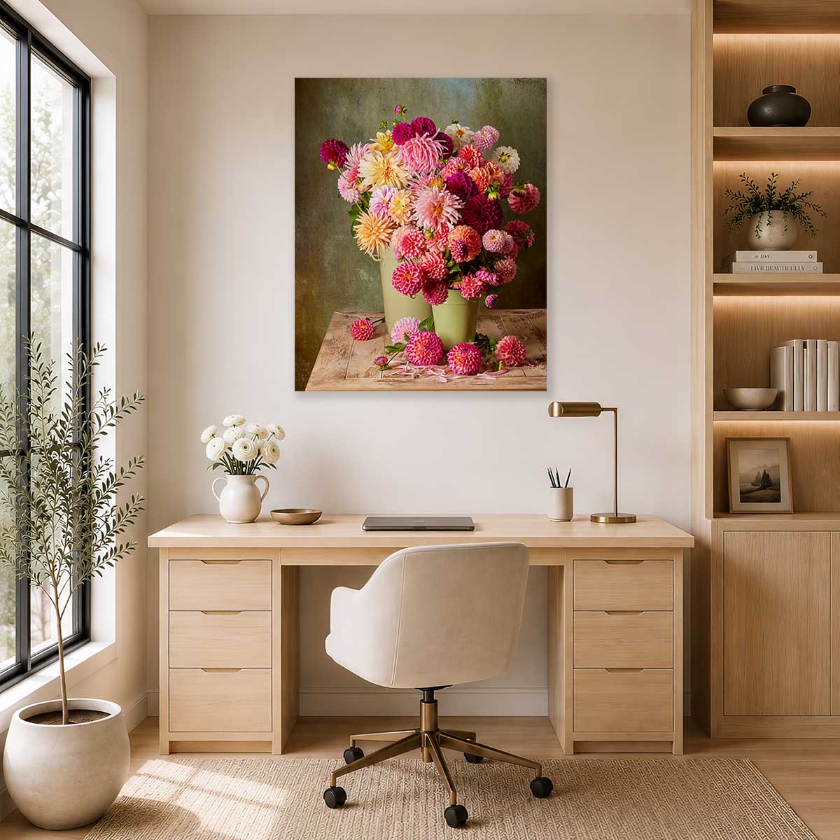 Dahlia Harvest Wall Art Canvas with pink and magenta flowers in a vase, gold earrings wall decor