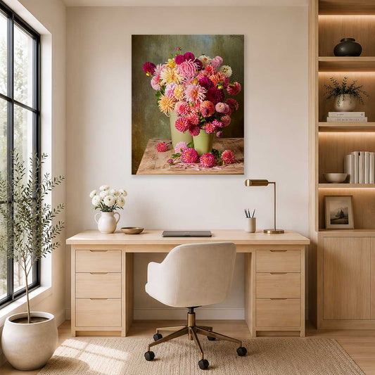 Dahlia Harvest Wall Art Canvas with pink and magenta flowers in a vase, gold earrings wall decor