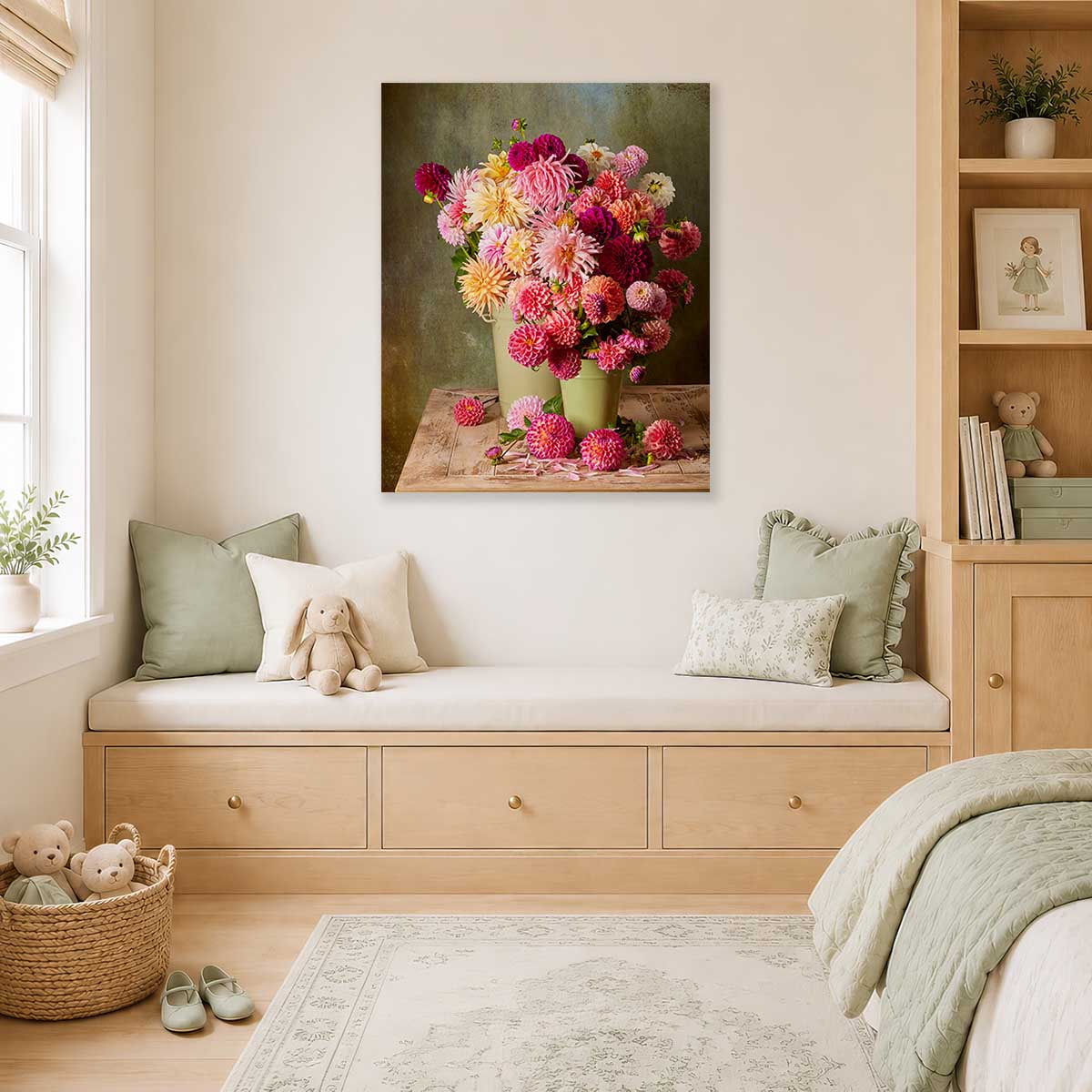 The Dahlia Harvest Wall Art Canvas with pink and magenta dahlias in a cream vase on a vertical canvas