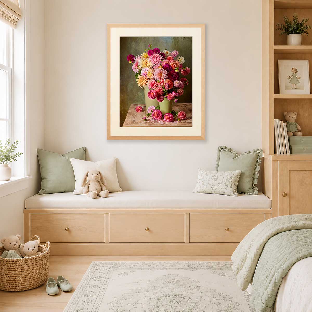 The Dahlia Harvest wall art print with a framed floral bouquet in pink and cream on fine art paper