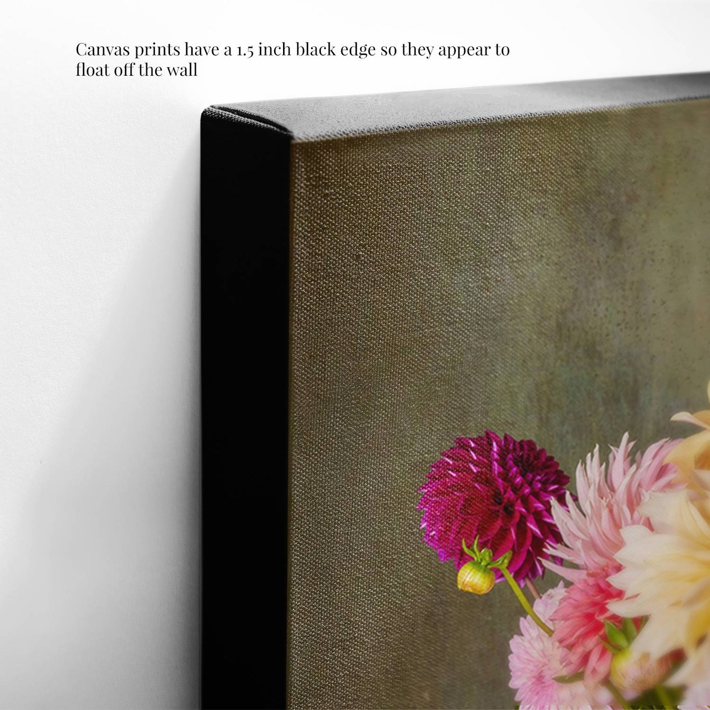 Close-up of The Dahlia Harvest canvas wall art. The print has a 1.5-inch black edge, creating a floating effect against the wall.