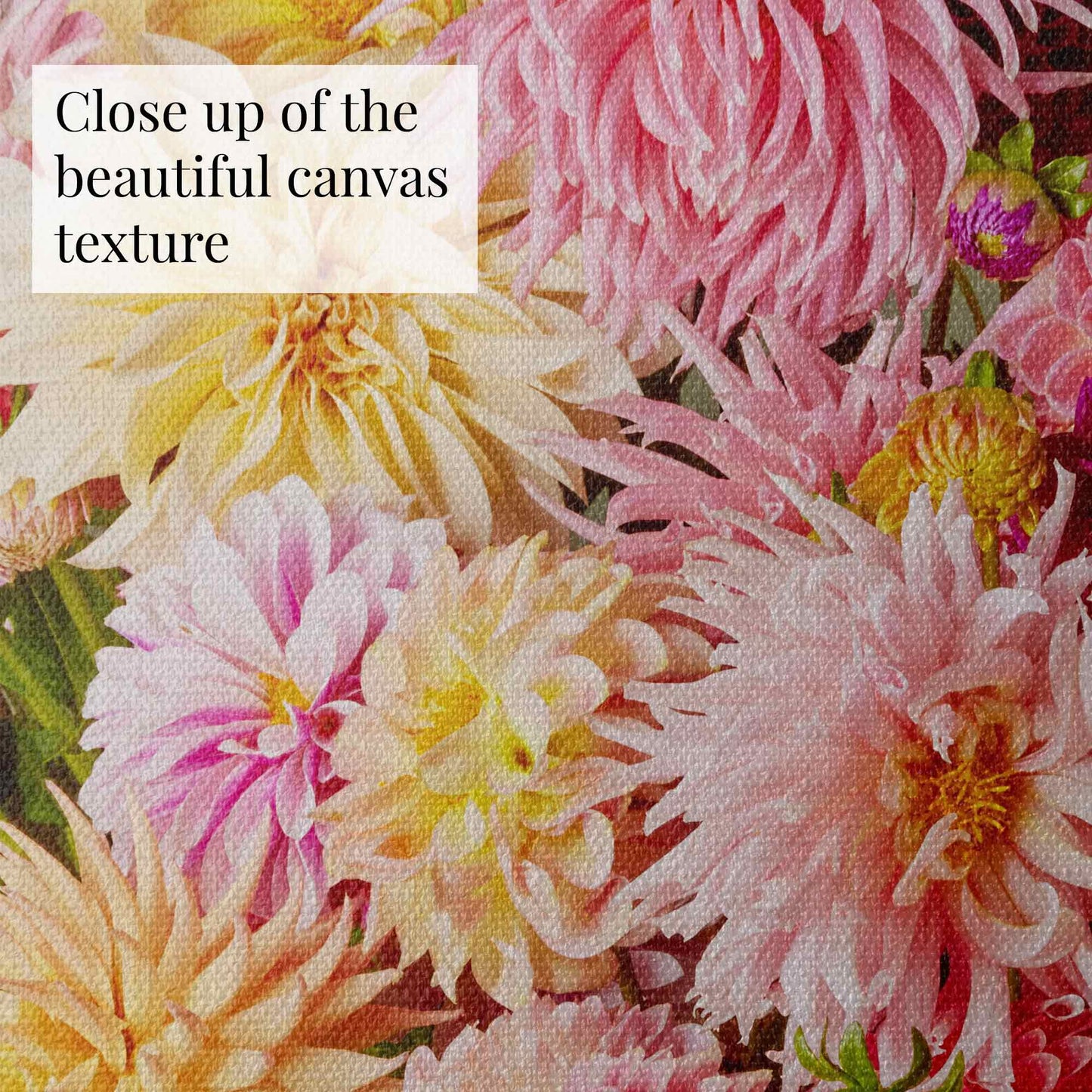 Close-up of The Dahlia Harvest canvas, showing the texture. Text overlay reads: Close up of the beautiful canvas texture.