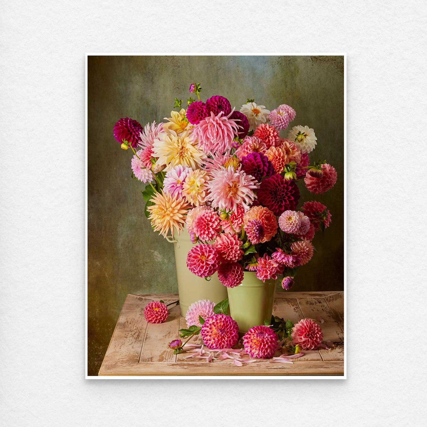 Paper print of the Dahlia Harvest with a 1/4 inch white border on a white surface