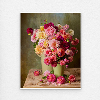 Paper print of the Dahlia Harvest with a 1/4 inch white border on a white surface