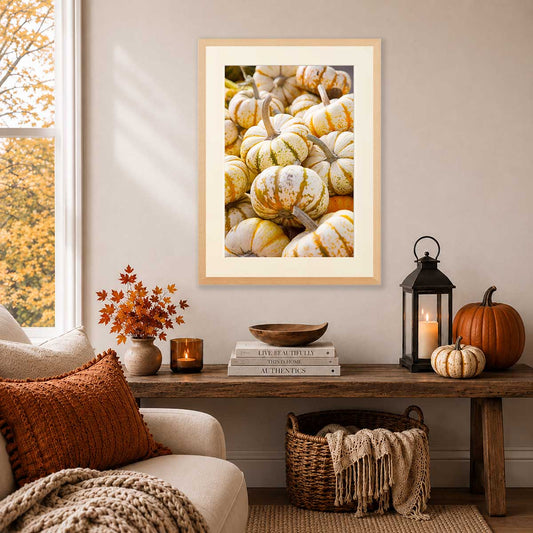 Mini Tiger Pumpkin Vertical Wall Art Print with painterly white pumpkins and gold speckled accents