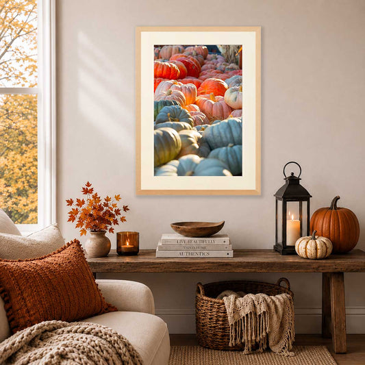 Pumpkin Parade Wall Art Print wall art with painterly pumpkins in warm orange and blue tones, vertical