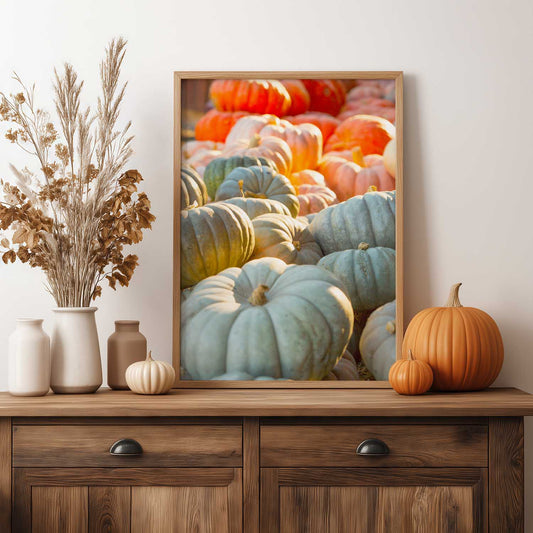 Pumpkin Parade II Wall Art Canvas with pumpkins in teal and orange for seasonal wall decor indoors