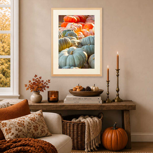 Pumpkin Parade II Wall Art Print with blue and orange pumpkins in a vertical archival paper texture