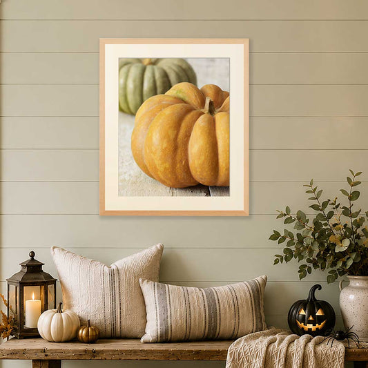 Autumn Fairytale Pumpkin Wall Art Print vertical wall art print with framed pumpkin photo in warm orange
