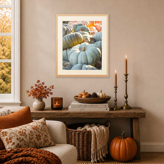 Enchanted Autumn Fall Wall Art Print with gold pumpkins and sage green tones for vertical wall display