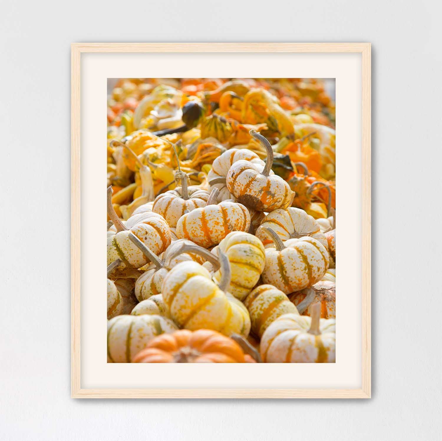 Maple wood framed print of small pumpkins on a light gray wall
