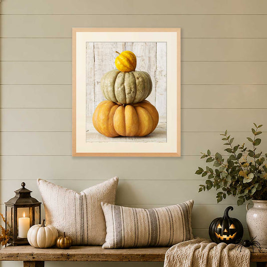 Autumn Balance Fall Art Print wall art with stacked pumpkins in cream and yellow tones