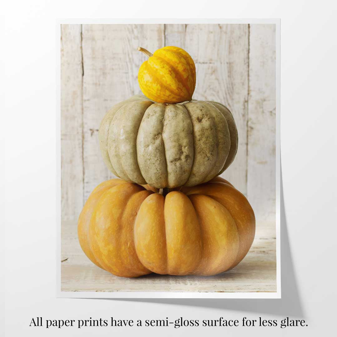 Paper print with a thin white edge of three stacked pumpkins on a wooden surface.