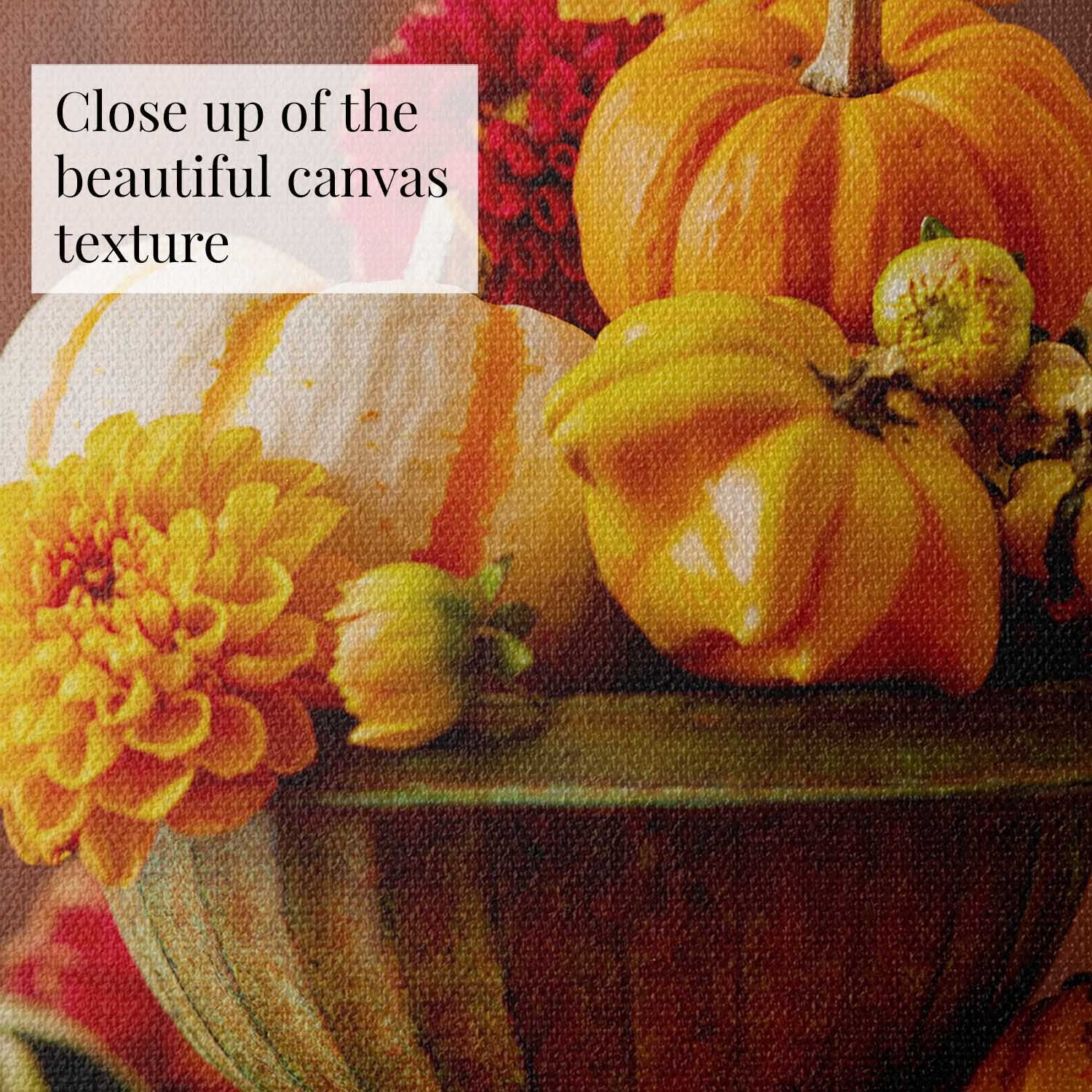 Close-up of canvas detail of pumpkins and dahlias artwork called Pumpkins and Petals