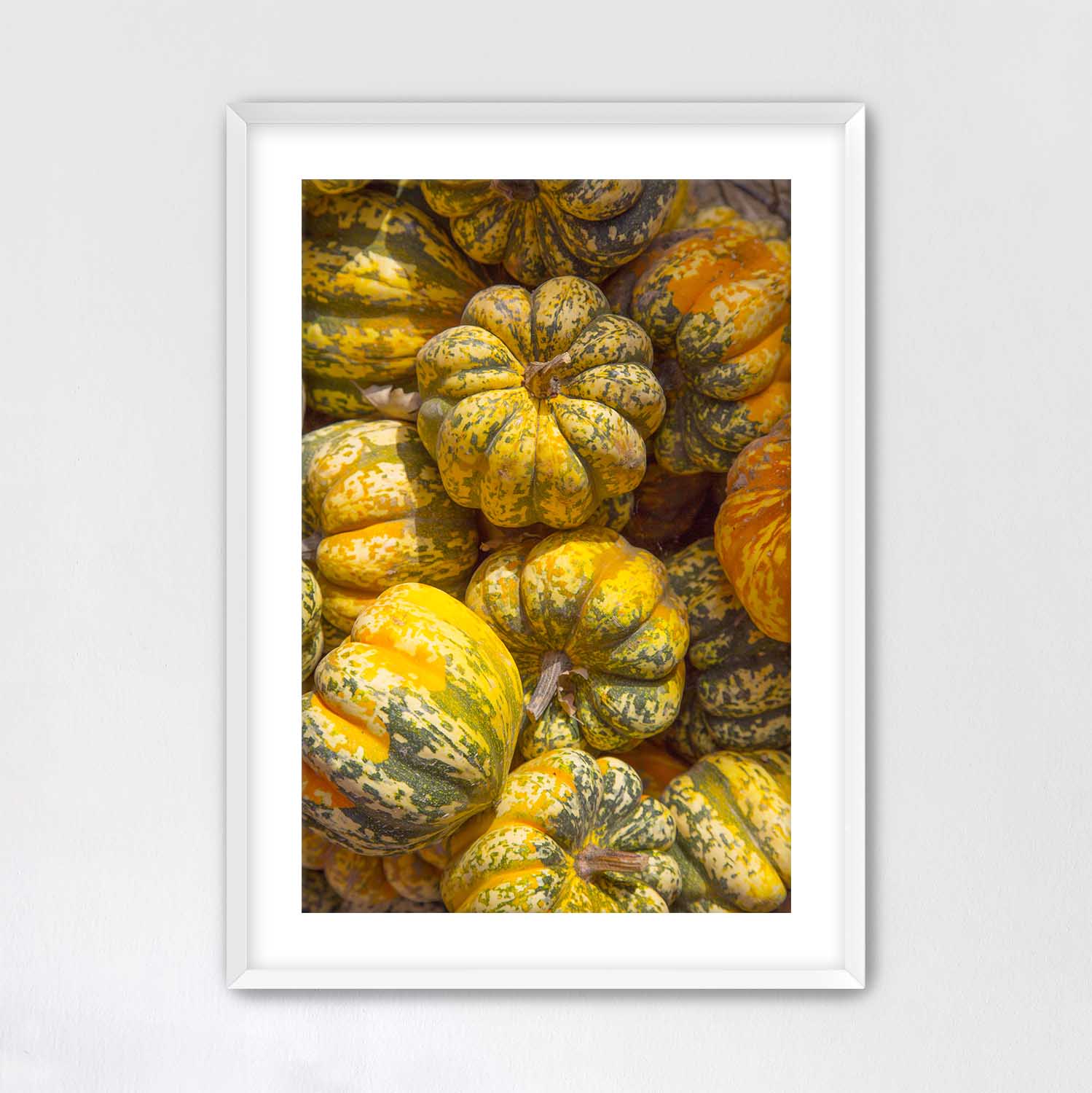 White framed print of small pumpkins with a white border on a light gray background