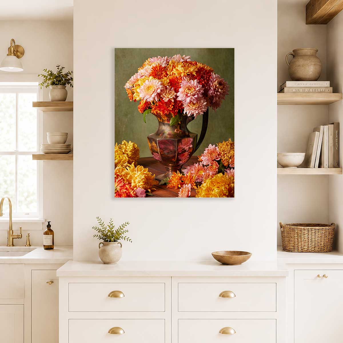 Harvested Harmony Chrysanthemum Wall Art Canvas with colorful flower arrangement and wall display