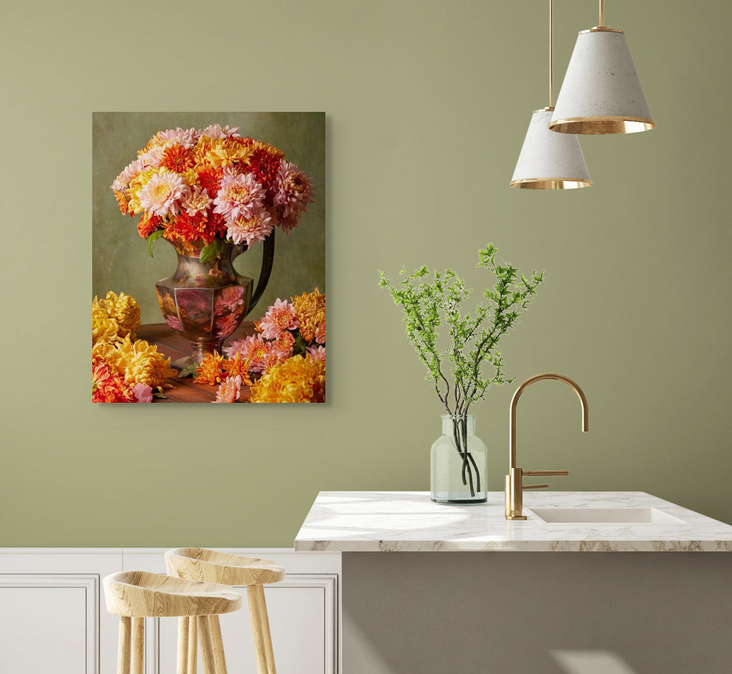 A modern kitchen showcases a marble countertop adorned with two wooden stools, a brass faucet, and a vase with greenery. On the wall, Harvested Harmony canvas art of vibrant orange and pink autumn flowers adds charm. Above hang two pendant lights.