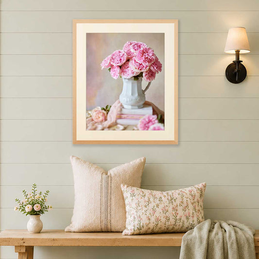 Miranda Muse Rose Wall Art Print with pink roses in a white pitcher arrangement on a vertical display