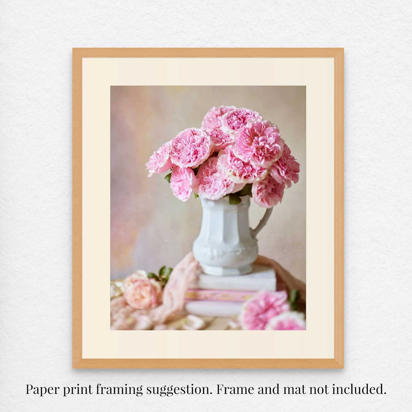 The Miranda Muse is a fine art print showcasing David Austin roses in a white jug against a soft background. Text explaining frame and mat not included.