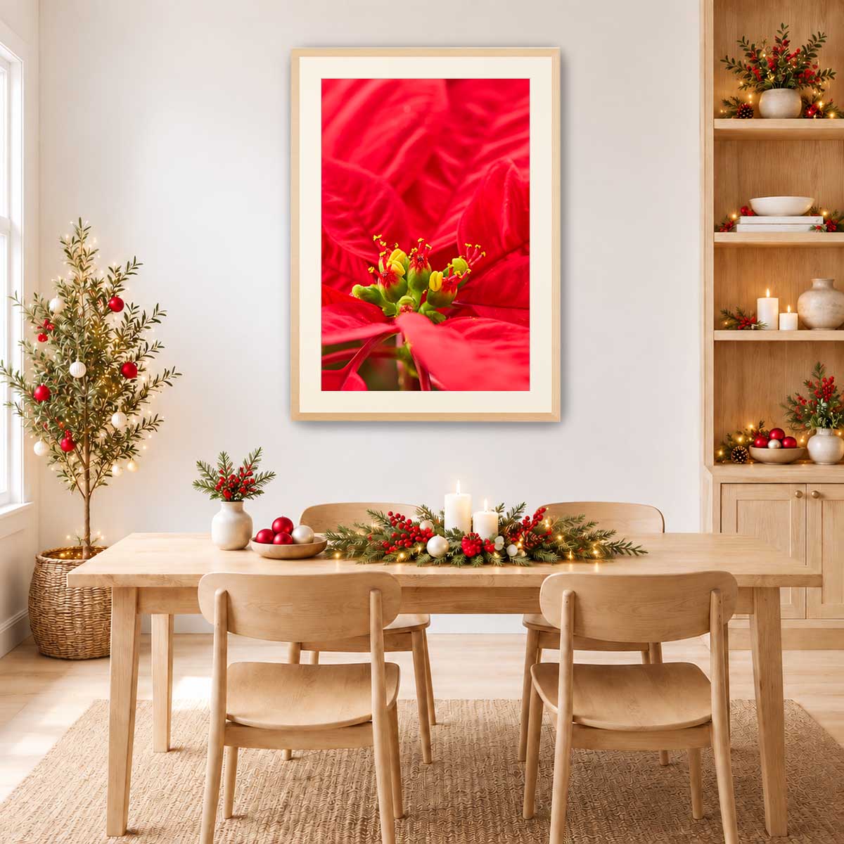 Red velvet Christmas wall art canvas presents a close-up poinsettia floral subject in a light wood frame