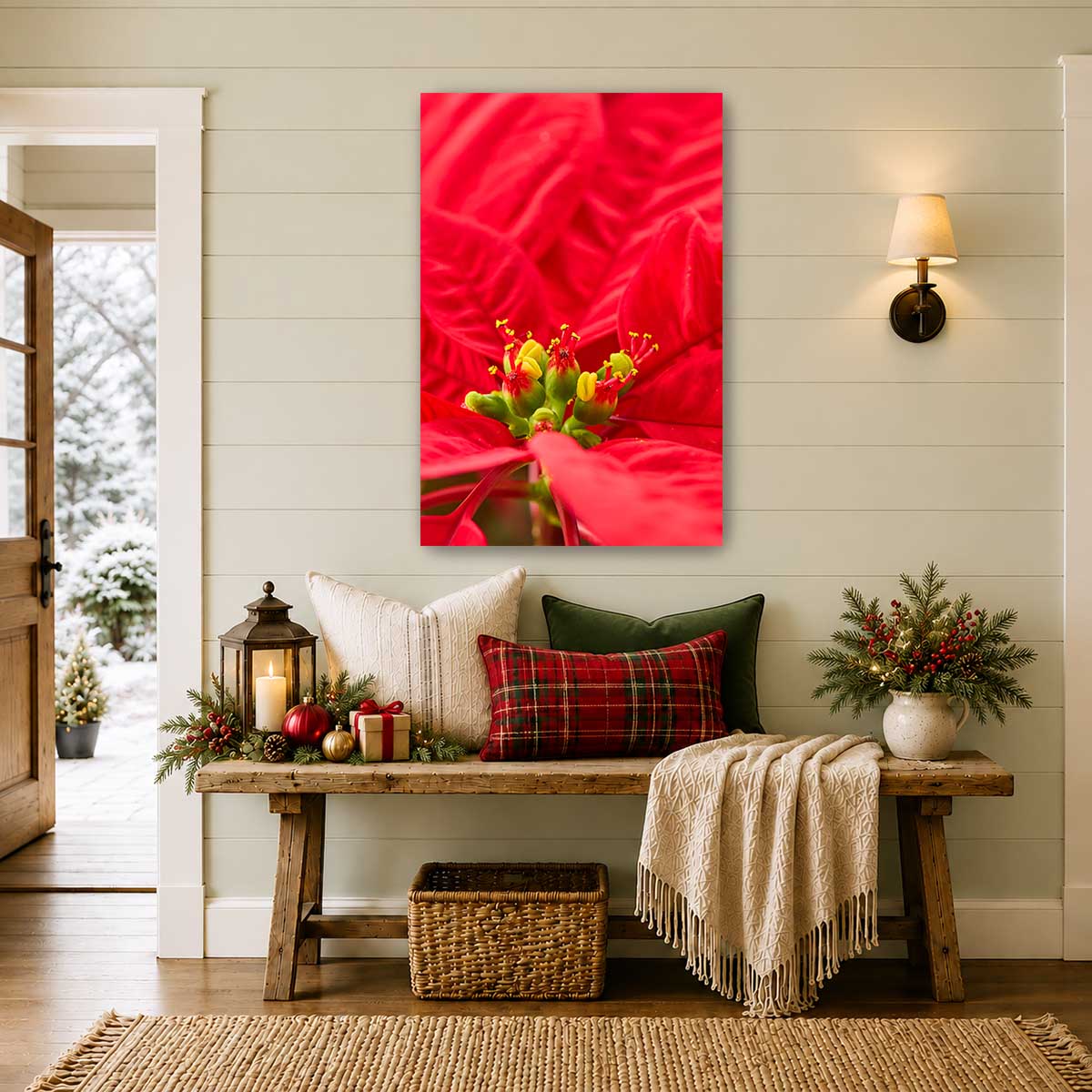 Crimson poinsettia wall art canvas with a close-up floral composition in a vertical 2:3 aspect ratio