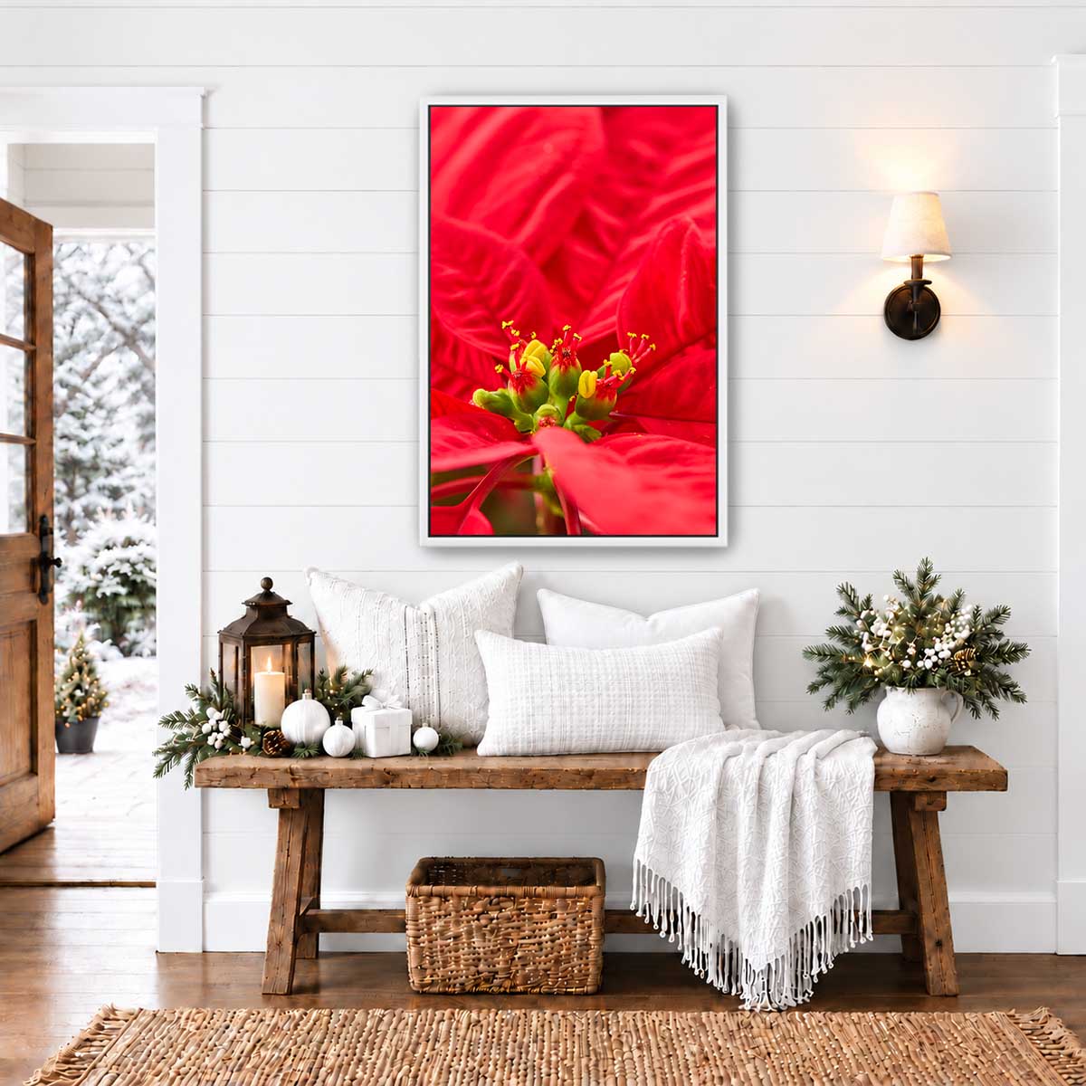 Celebration poinsettia wall art in vivid red with a close-up floral composition and vertical 2:3 aspect ratio.