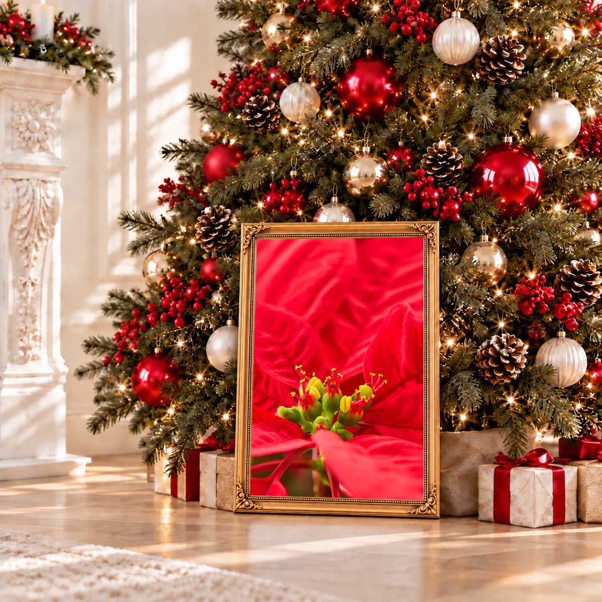 Red velvet Christmas wall art canvas with a close-up poinsettia floral subject in an ornate gold frame.