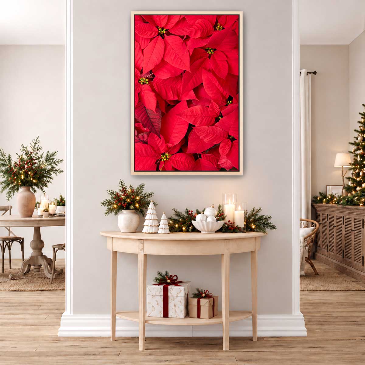 Poinsettia wall art print in red with an overhead floral composition for Christmas room decor in a vertical format.