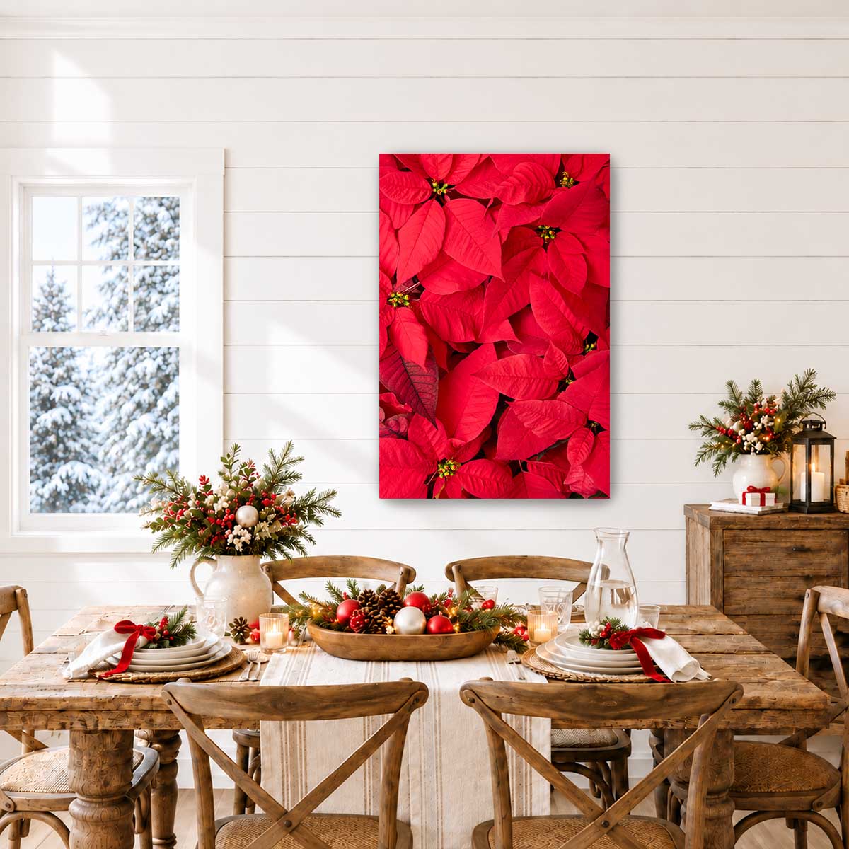 Crimson celebration floral wall art print featuring overlapping poinsettia bracts in vivid red with a vertical 2:3