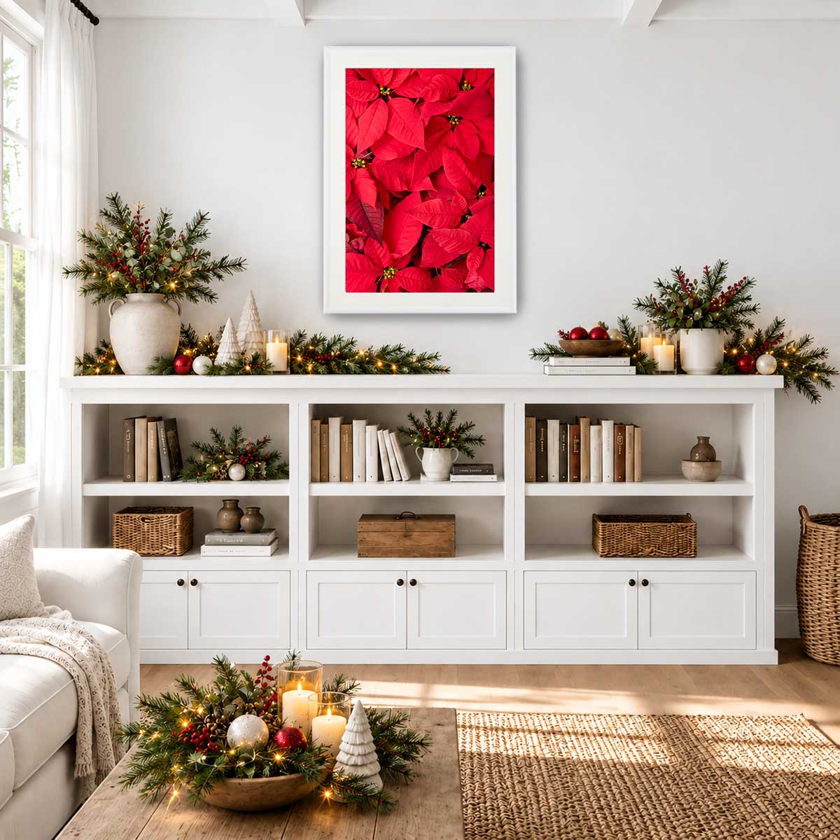 Poinsettia wall art print with a red floral composition photographed from above for Christmas room decor