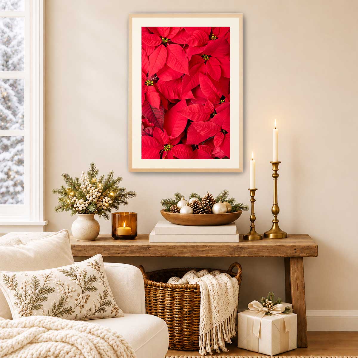 December Blush poinsettia wall art print in red, featuring a vertical floral composition on fine art paper.