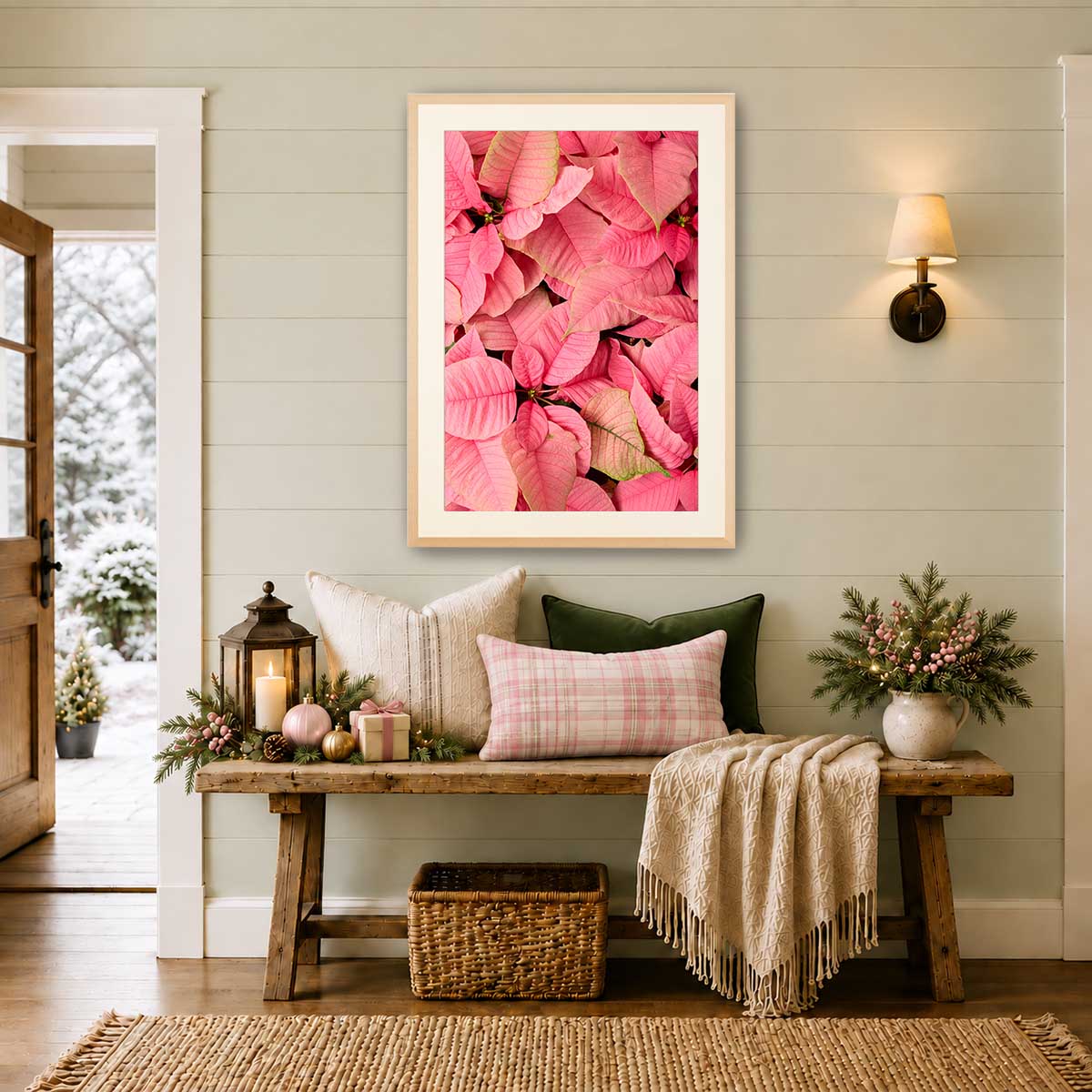 Poinsettia wall art canvas with pink petals and visible veins in a vertical arrangement for Christmas decorating.