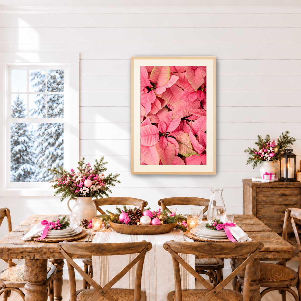 Poinsettia wall art canvas in pink with visible veins and vertical display for Christmas decorating
