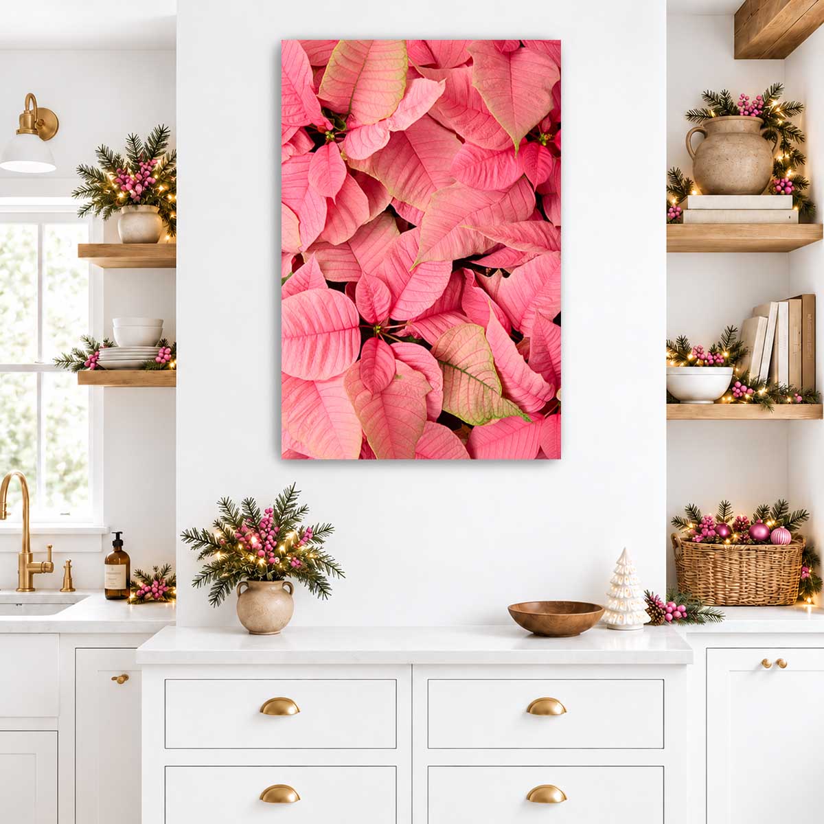 Poinsettia wall art canvas in pink with an overhead floral composition for Christmas decorating.